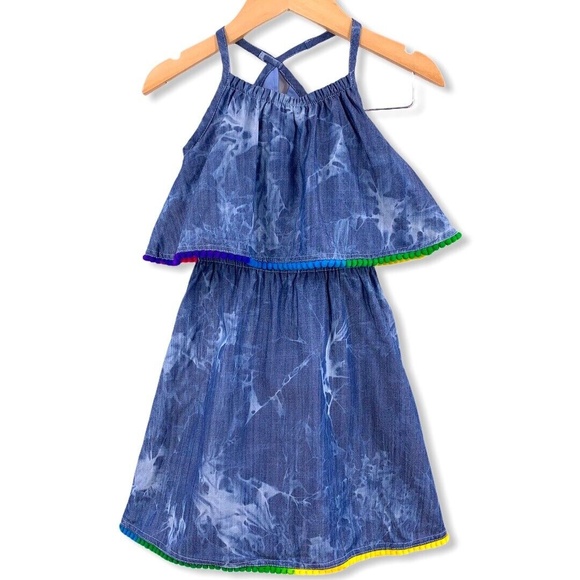 Appaman Dress Blue River Wash Rainbow Pom Pom Trim Tiered 100% Cotton 2T - Picture 1 of 5